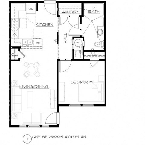 Floor plan for 1 bed, 1 bath, 702 sqft